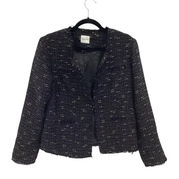 Anine Bing Tweed Navy Blue Gold Fringed Raw Hemline Jacket Blazer Size Small
